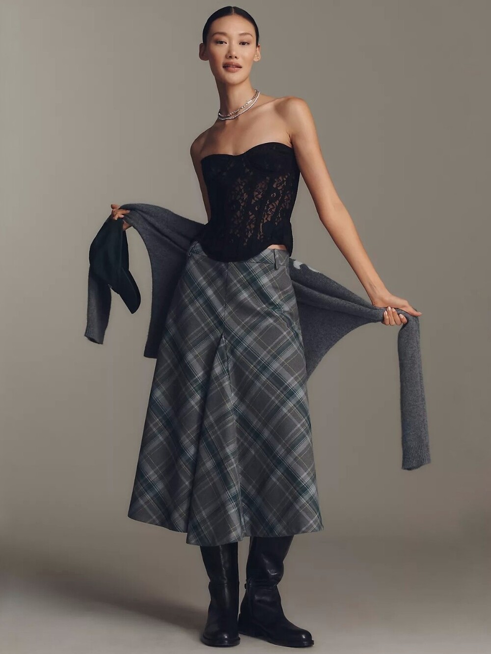 English Factory Plaid A-Line Midi Skirt green gray women's size medium M prep